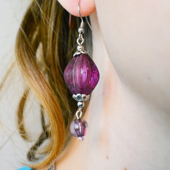 Purple Beaded Drop Earrings Lightweight Handmade Hypoallergenic Jewelry - Picture 4 of 5